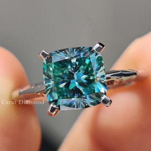 2.20ct Cushion Cyan Blue Moissanite Solitaire Engagement Ring