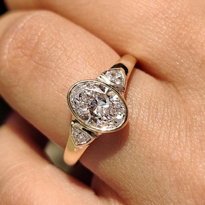 Bezel Set Oval Lab Grown Diamond Engagement Ring | Side Stone Trillion Diamond | Three Stone Diamond Ring | Gifts for Her