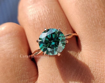 Anello di fidanzamento Moissanite verde a taglio rotondo, Anello nuziale a sei punte con gambo attorcigliato, Anello solitario colorato in oro rosa, Regali per lei