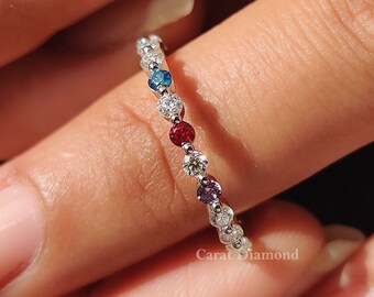 3/4th Eternity Birthstone with Moissanite Wedding Band 2.0mm Round Cut Moissanite Stackable Band, Matching Band For Her