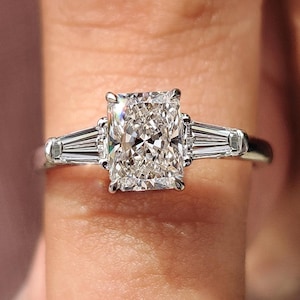 Radiant Cut Lab Grown Diamond Engagement Ring: Three Stone White Gold