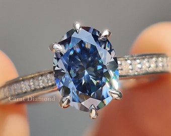 Amazing 1.51 CT Electric Blue Oval Cut Moissanite Engagement Ring, Channel and Pave Set Ring, Women's Wedding Ring, Anniversary Ring For Her