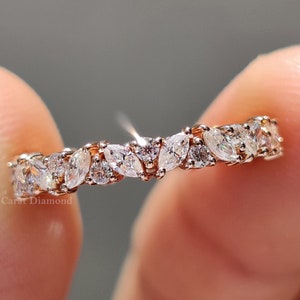 Wedding Band, Marquise & Round Moissanite Band, Stackable Band, Full Eternity Band, Prong Set Band, Matching Band, Anniversary Gifts For Her