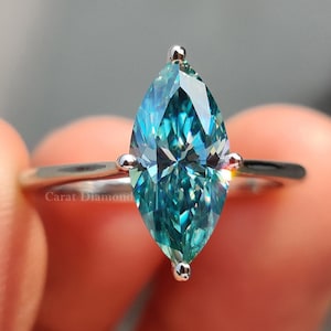 Solitaire Wedding Ring, 1.49 CT Marquise Cyan Blue Moissanite Engagement Ring, Compass Setting Ring, Anniversary Ring for Women, Bridal Set