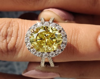 Canary Yellow Oval Moissanite Engagement Ring: Double Halo, Two-Tone Shank