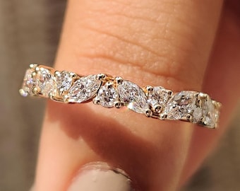 Lab Grown Diamond Half Eternity Band Marquise and Round Cut Diamond Wedding Band for Women, Stackable Rings for Women, Anniversary Gift