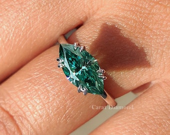 Anniversary Gift Green Marquise Moissanite Double Claw Prong East-West Engagement Ring