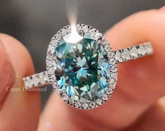 Oval cut cyan blue moissanite wedding ring with halo and pave set moissanite ring for pretty lady