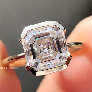 Half Bezel Moissanite Engagement Ring, 2.89 CT Asscher Cut Moissanite Ring, Solitaire Wedding Ring, Personalized Jewelry Gifts For Women
