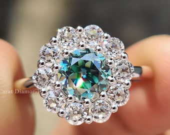 Anillo de compromiso de moissanita con halo de racimo de corte europeo antiguo para mujeres, anillo de boda de moissanita azul cian RD-OEC, regalos de aniversario para ella