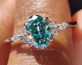 Vintage Oval Cut Cyan Blue Moissanite Muse Setting Engagement Ring With Round and Marquise Moissanite