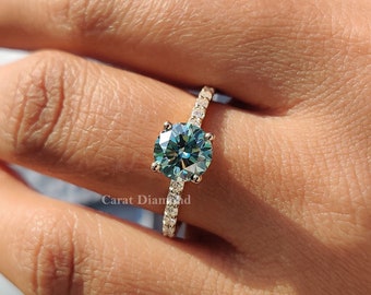 Pave Set Ring, Cyan Blue Round Cut Moissanite Engagement Ring, Customized Moissanite Wedding Ring By CaratDiamond