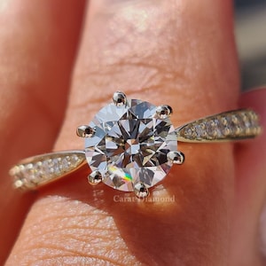 Round Brilliant Diamond Ring Tapered Pave Set Engagement Ring Lab Created Diamond Six Prong Wedding Ring For Women