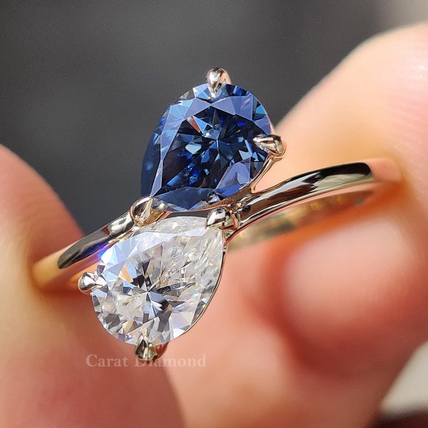 Toi Et Moi Moissanite Engagement Ring, 1.34 TW Pear Cut Moissanite Ring, Reach Blue White Two Stone Ring, Celebrity Ring, Anniversary Ring