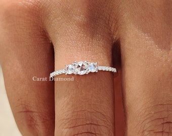 Three Stone Engagement Ring, 0.40 TCW Round Rose Cut Moissanite Pave Set Wedding Ring, Minimalist Ring, Women's Wedding Ring, Anniversary