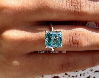 4.98CT Cushion Cut Cyan blue Moissanite Engagement Ring, Wedding Ring, Bridal Set, Anniversary Gift, Solitaire Ring, Handmade Ring