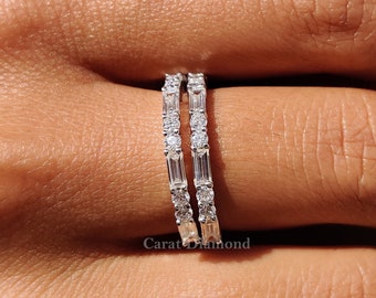 1.28 TCW Baguette & Round Cut Colorless Moissanite Wedding Bands, Set of Two Bands, Half Eternity Bands, Wedding Ring Set, Anniversary Gifts