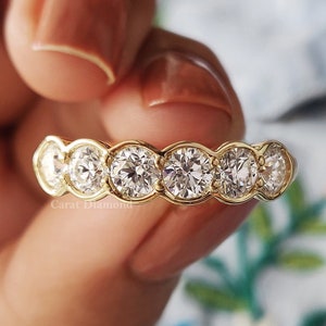 Half Bezel Six Stone Wedding Band, 1.44 TW Round Cut Colorless Moissanite Bezel Set Wedding Band, Half Eternity Band, Bridal Band, Stackable