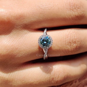 Round Cut Cyan Blue Moissanite Halo Engagement Ring With Twisted Pave Set Wedding Ring For Women, Anniversary Gifts