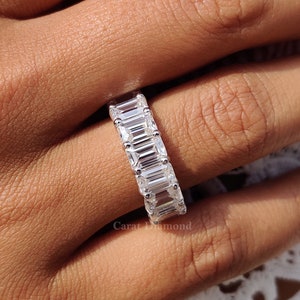 Emerald Moissanite Band, 6 x 4 MM Emerald Cut Colorless Moissanite Wedding Band, Full Eternity Moissanite Band, Stacking Ring, Anniversary