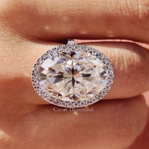 Halo Engagement Ring, 14.03 CT Colorless Oval Moissanite Hidden Halo Ring, Pave Set Wedding Ring in White/Rose/Yellow Gold, Anniversary Gift