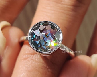 Cyan Blue Moissanite Engagement Ring: Rose Cut White Gold Wedding Jewelry