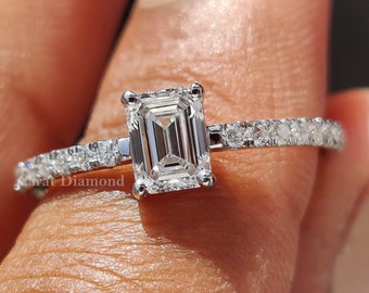 Lab Grown Diamond Engagement Ring, 0.50 - 1.50 CT Emerald Cut Lab Grown Diamond Wedding Diamond Ring, Round Diamond Pave Set Ring For Women