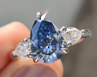 Three Stone Ring, 1.86CT Pear Cut Moissanite Engagement Ring, Electric Blue Pear and Colorless Pear Moissanite Wedding Ring, Bridal Ring Set