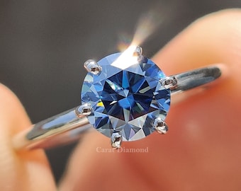 Classic Six Prong Solitaire Ring, Electric Blue Round Cut Moissanite Engagement Ring, Wedding Ring For Women, Anniversary Gift, Caratdiamond