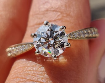 Round Diamond Engagement Ring, 0.50-1.50 CT Round Lab Grown Diamond Wedding Ring, Tapered Pave Band, Anniversary Gift, Conflict Free Diamond