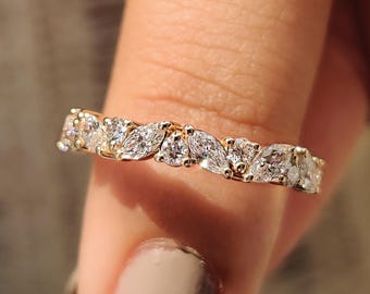 Lab Grown Diamond Half Eternity Band Marquise and Round Cut Diamond Wedding Band for Women