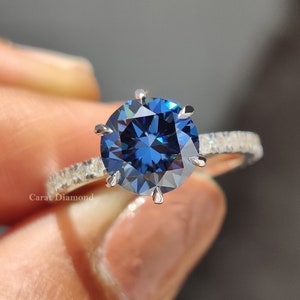 Moissanite Wedding Ring, Pave Set Round Moissanite Engagement Ring, White Gold with Six Prong Ring, Gifts For Her