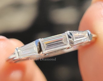 0.62 TCW Baguette & Tapered Baguette Colorless Moissanite Stacking Ring, Three Stone Wedding Band, Bridal Ring Set, Anniversary Gift for Her