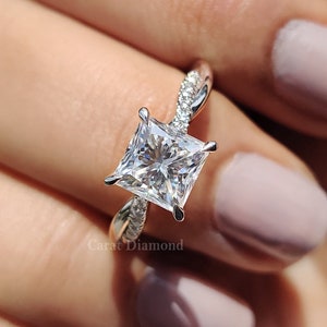 Princess Ring For Beautiful Princess, 1.88 CT Princess Moissanite Engagement Ring, Twisted Single Pave Princess Cut Moissanite Wedding Ring