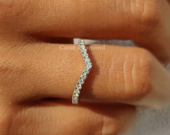 V-Shaped 0.45TCW Round Colorless Moissanite Wedding Band, Chevron Band, Stackable Band, Half Eternity Band, Anniversary Band, Wedding Set