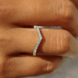 V-Shaped 0.45TCW Round Colorless Moissanite Wedding Band, Chevron Band, Stackable Band, Half Eternity Band, Anniversary Band, Wedding Set