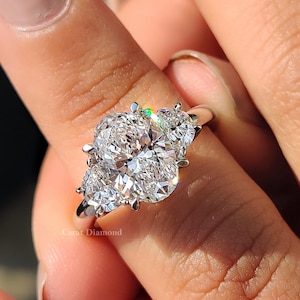 Oval Lab Grown Diamond Engagement Ring: Yellow Gold Trilogy Half Moon Side Stones