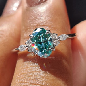 Vintage Oval Cut Cyan Blue Moissanite Muse Setting Engagement Ring With Round and Marquise Moissanite