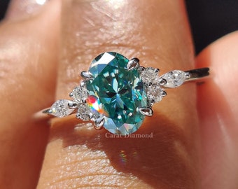 Vintage Oval Cyan Blue Moissanite Muse Setting Engagement Ring With Round and Marquise Moissanite Wedding Rings For Women