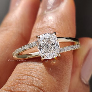 Ethereal Cushion Cut Lab Grown Diamond Ring – Sparkling Split Shank Elegance