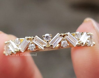 0.56 TCW Baguette and Round Cut Colorless Moissanite Wedding Band, Zigzag Wedding Band, Half Eternity Band, Stacking Ring, Anniversary Band