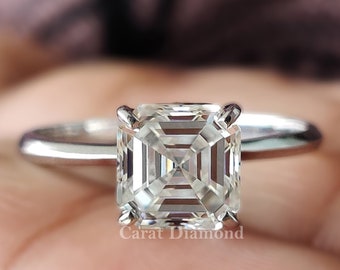 Anillo solitario de moissanita Asscher: anillo de bodas con borde afilado de 1,82 quilates