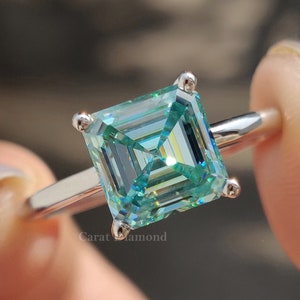 Asscher Cyan Blue Moissanite Engagement Ring, 2.29 CT Asscher Solitaire Wedding Ring, Bridal Set Ring, Women Wedding Ring By Carat Diamond