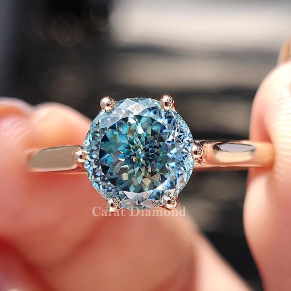 Bague en moissanite bleu cyan taille portugaise 2,15 carats, bague de fiançailles, alliance, bague solitaire, or blanc/jaune/rose, bague d'anniversaire