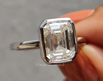 Classic 3.15 CT Emerald Cut Colorless Moissanite Engagement Ring | Excellent Cut Moissanite Solitaire Ring | Anniversary Gifts | Bezel Set