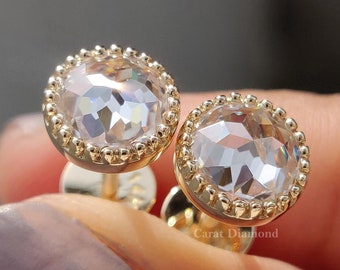 Milgrain Bezel Set Studs, 1.90 TW Round Rose Cut Colorless Moissanite Stud Earrings, Wedding Earrings, Screw Back Earrings, Anniversary Gift