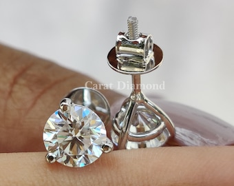 Three Prong Martini Round Moissanite Stud Earrings | 1.94 TW Round Colorless Moissanite Wedding Earrings | Screw Back Earrings | Anniversary