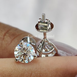 Three Prong Martini Round Moissanite Stud Earrings | 1.94 TW Round Colorless Moissanite Wedding Earrings | Screw Back Earrings | Anniversary