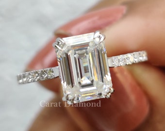 2.11 TCW Emerald-Cut Colorless Moissanite Ring | Hidden Halo Engagement Ring | Pave Set Wedding Ring | White Gold Ring | Anniversary Gifts