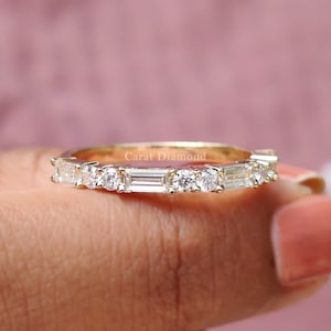 0.64 TCW Baguette and Round Colorless Moissanite Wedding Band, Half Eternity Band, Yellow Gold Band, Stackable Band, Anniversary Gifts